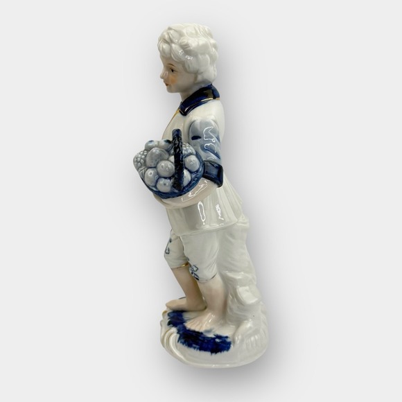Vintage Blue White Porcelain Figurine Boy Carrying Two Fruit Baskets Gold Trim - Picture 4 of 15